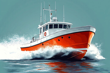 Orange And White Fishing Boat Cutting Through The Ocean Water Illustration