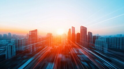 Fototapeta premium Future Horizons Cinematic Urban Renaissance - Blurred Motion Cityscape Revealing Technological Innovation and Metropolitan Transformative Potential at Golden Hour