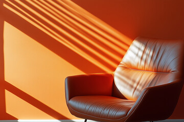Modern leather armchair, orange wall in the room, mockup with sunlight shadows effect, interior illustration.
