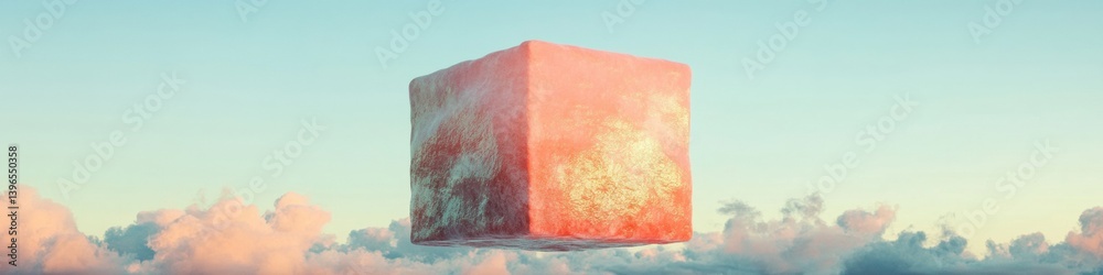 Poster surreal dimensional branding ethereal geometric cube in pastel cloudscape - innovative digital marke