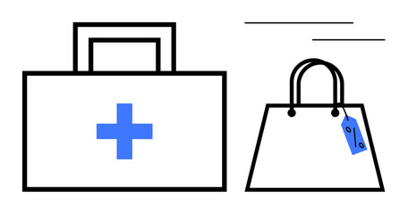 Medical first aid kit with blue cross beside a shopping bag with blue price tag. Ideal for healthcare, retail, consumer behavior, commerce, emergency, comparison, lifestyle. Simple abstract line flat