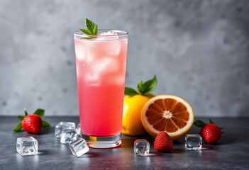 Pink lemonade iced drink, summer fruit cocktail in clear glass on grey background with ice cubes,  summertime, cocktail
