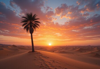 A solitary palm tree stands tall against the vibrant hues of a desert sunset, its silhouette framed by the warm oranges and purples of the sky, casting long shadows on the sandy ground.