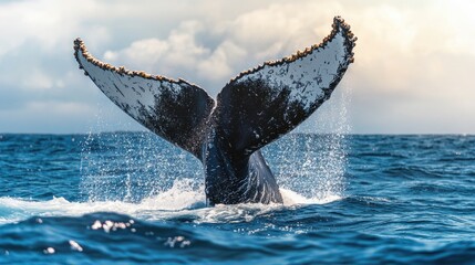 Fototapeta premium Humpback whale fluke rising above the ocean surface, detailed water splashes, golden hour lighting