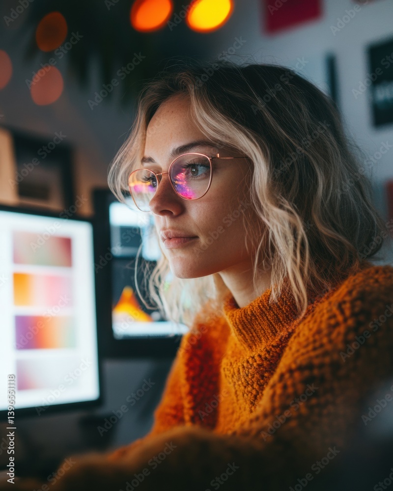 Aufkleber Millennial Creative Professional Innovative Digital Design Workflow with Warm Soft Lighting, Gen Z Color Palette Exploration in Modern Workspace Aesthetic