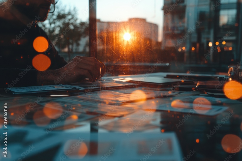Fototapete Golden Hour Innovation Urban Professional Workspace Illumination - Dynamic Collaborative Insight Mapping with Cinematic Lens Flare and Transformative Design Storytelling