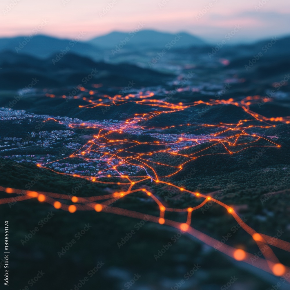 Poster Geospatial Intelligence Mapping Futuristic Urban Data Flow Visualization Revealing Interconnected Network Dynamics in Twilight Landscape Topography