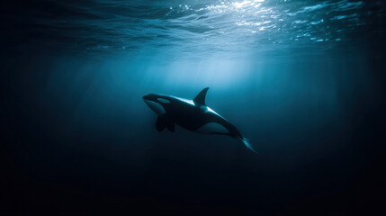 Obraz premium A deep ocean scene featuring a solitary orca, amber and midnight blue tones, swimming below the surface