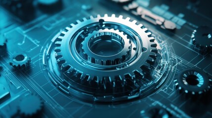 Engineering firm logo on high-tech blueprint layout, stylized branding, workspace unoccupied