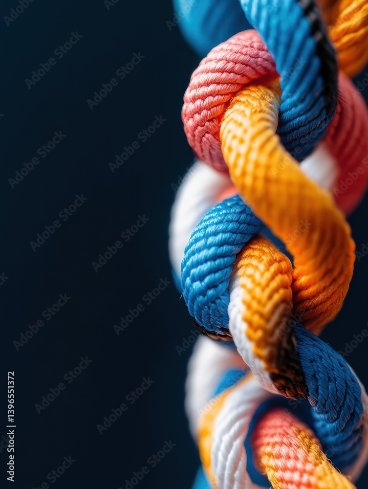 Poster Textural Network Dynamics Vibrant Braided Rope Macro Visualization of Interconnected Systems, Collaborative Innovation and Digital Transformation Metaphor