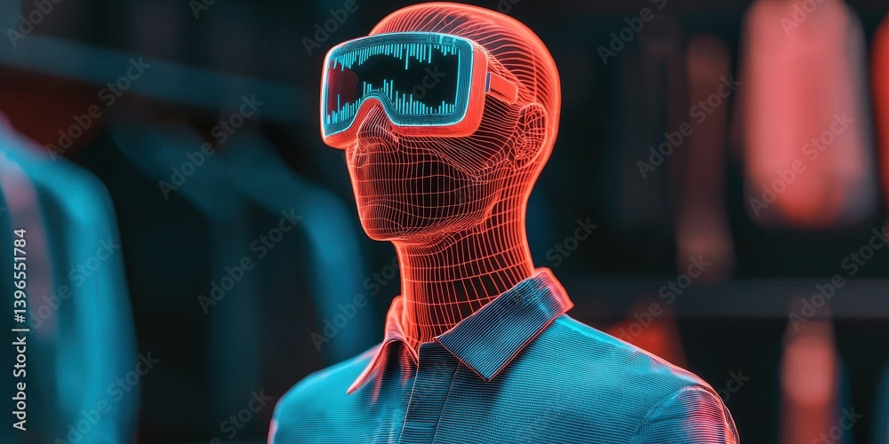 Poster a digital mannequin wearing virtual reality glasses, showcasing a futuristic design with a vibrant c