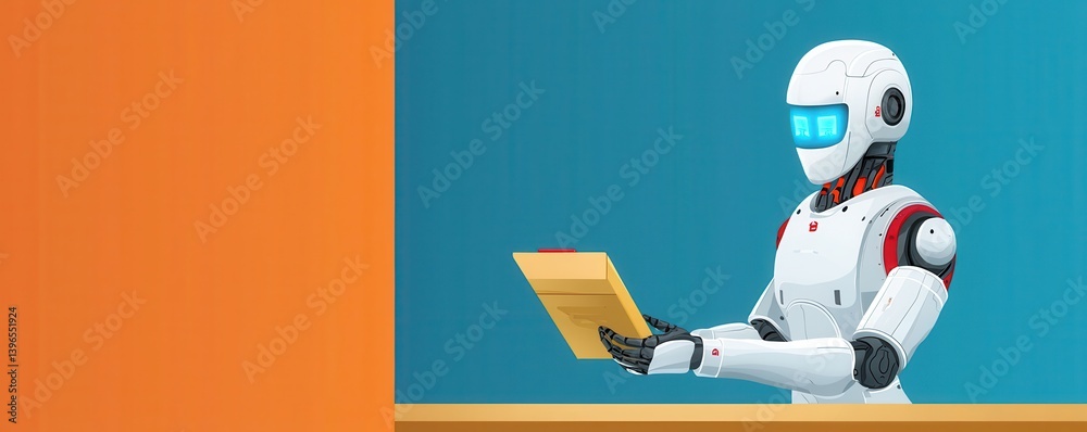 Poster A futuristic robot holding a package, set against a colorful background, symbolizing advancements in technology and automation.