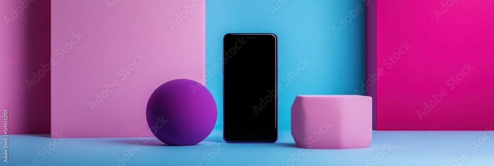 Poster Minimalist Tech Mockup Sleek Black Smartphone on Vibrant Color-Block Backdrop - Digital Design Showcase for Creative Branding and Modern Product Visualization