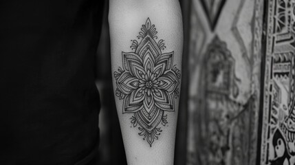 Obraz premium Intricate blackwork mandala tattoo on a forearm, detailed with geometric patterns and floral elements against a textured background
