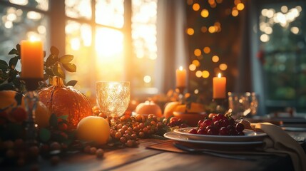 Obraz premium A beautifully arranged table with fruits, candles, and a warm sunset glow, creating a cozy and inviting atmosphere for a gathering.