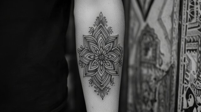 Intricate blackwork mandala tattoo on a forearm, detailed with geometric patterns and floral elements against a textured background