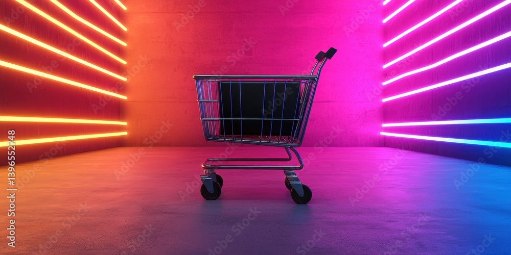 Poster a shopping cart illuminated by vibrant neon lights in a modern, abstract space, creating a striking 