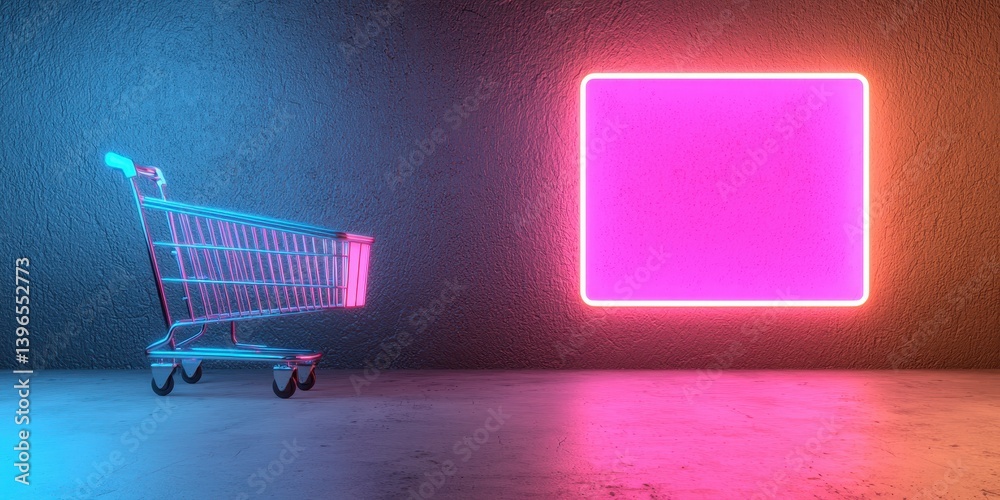 Poster a neon-lit scene featuring a shopping cart beside a glowing pink rectangular panel against a texture