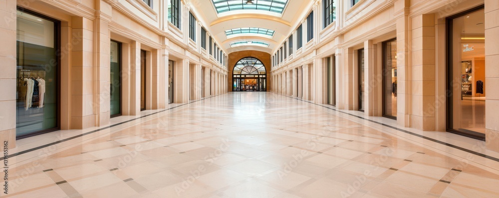 Poster a spacious, elegantly designed shopping corridor with large windows and polished flooring, showcasin
