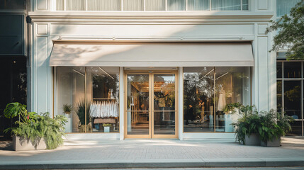 Elegant boutique shopfront with minimalist design and curated interior showcases luxury items