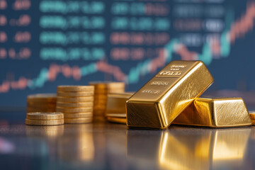 Gold Bars and Coins with Bullish Market Growth Chart: Investment and Financial Success Concept, Showing Precious Metals, Wealth, and Economic Boom in Stock Market with Rising Graph