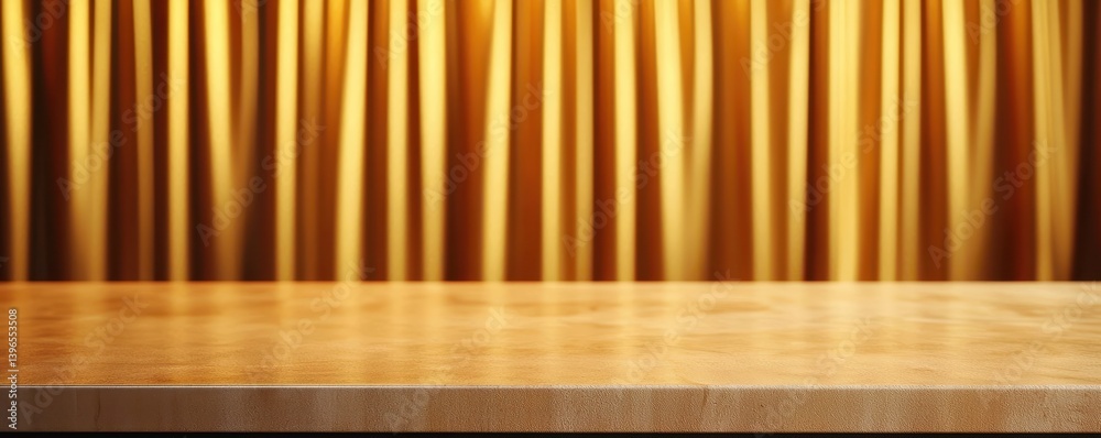Aufkleber a smooth wooden surface with a golden curtain backdrop, creating a warm and inviting atmosphere, per