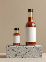 Two hot sauce bottles, one large and one small, with blank white labels, sit on a textured stone block against a neutral background. Perfect for branding or product mockups.