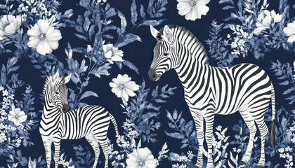 Fototapeta premium Elegant indigo zebras amidst a floral tapestry, evoking a sense of tranquil beauty