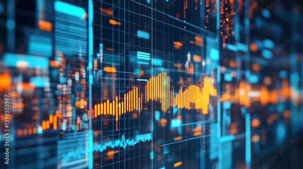 Poster abstract digital data visualization, mesmerizing display of dynamic information and technological ad