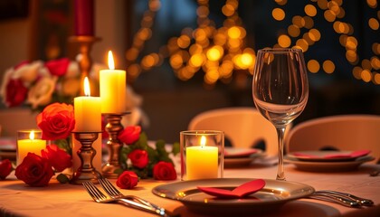 Romantic candlelit dinner setting with heart-shaped detail, setting, cozy
