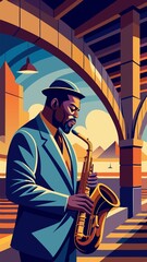 A man playing a saxophone in a city setting