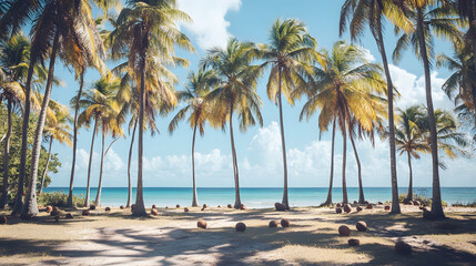 Obraz premium beach, palm, sea, tree, ocean, tropical, island, sand, sky, water, travel, palm tree, vacation, summer, nature, landscape, caribbean, paradise, coast, palms, sun, holiday, trees, coconut, resort