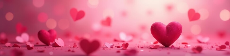 Obraz premium Romantic panoramic wallpaper with pink hearts in soft focus, love theme for decor, sweet, cute
