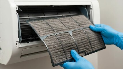 Cleaning dirty air conditioner filter. Perfect for content related to home maintenance, air quality, HVAC, or cleaning tasks.