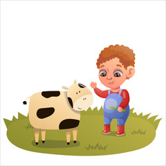 Illustration of a child doing gardening and animal husbandry