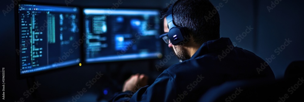 Poster cybersecurity frontier next-gen digital defense professional navigating immersive holographic interf