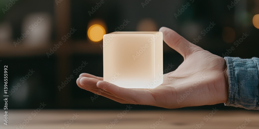 Poster A person holds a glowing, translucent cube in their hand, creating an intriguing contrast with the soft background lights.