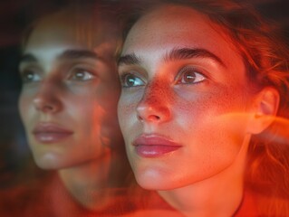 Obraz premium Immersive Digital Reflection Gen Z Contemplative Tech Experience with Cinematic Chromatic Lighting - Innovative Visual Identity and Emotional Connectivity