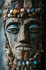 Carved wooden face with stone embellishments on a dark textured background.