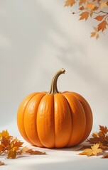 A vibrant orange pumpkin sits nestled among lush green leaves, showcasing its smooth, round surface. The leaves, varying in shades of green, create a natural frame, enhancing the autumnal vibe.