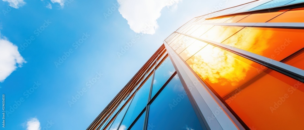 Poster Futuristic Urban Architecture Dynamic Glass Skyscraper Reflecting Sunlight with Innovative Design, Capturing Modern Architectural Vision and Technological Progression