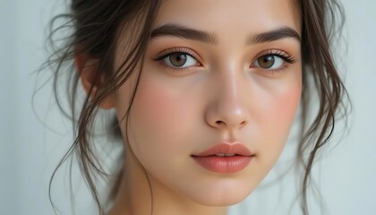 Fototapeta premium Striking Portrait of a Young Woman with Refined Features and Soft Makeup