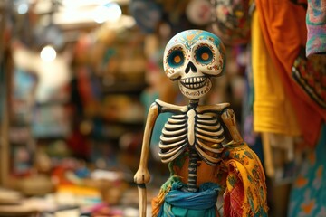 Obraz premium Hand painted wooden skeleton figurine for Day of the Dead