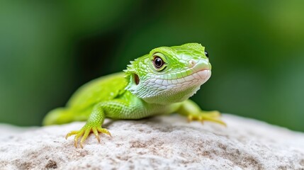 Fototapeta premium A vibrant green lizard resting on a sunlit rock, lush green foliage in the background, and close-up view of detailed texture and vivid colors.