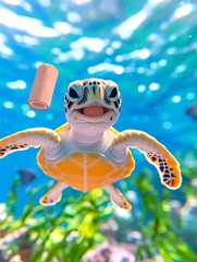 Obraz premium Sea Turtle Eats Plastic