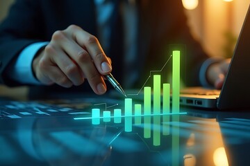A Person In A Suit Uses A Pen To Point To A Graph With Bars Showing Growth Next To A Laptop On A Desk. Business Analysis, Financial Growth