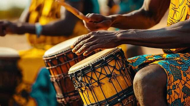 Hands play drums in a vibrant cultural performance outdoors.