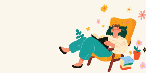 Fototapeta premium A person finds solace in the pages of a book, surrounded by the serenity of nature, this illustration invites viewers to relax and enjoy. 