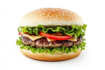Classic Cheeseburger with Fresh Toppings Isolated on White Background Close Up