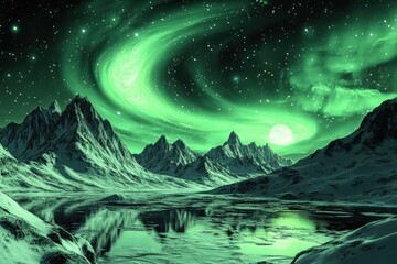 Fototapeta premium Green aurora borealis, polar lights swirling across the night sky over a frozen snowy landscape